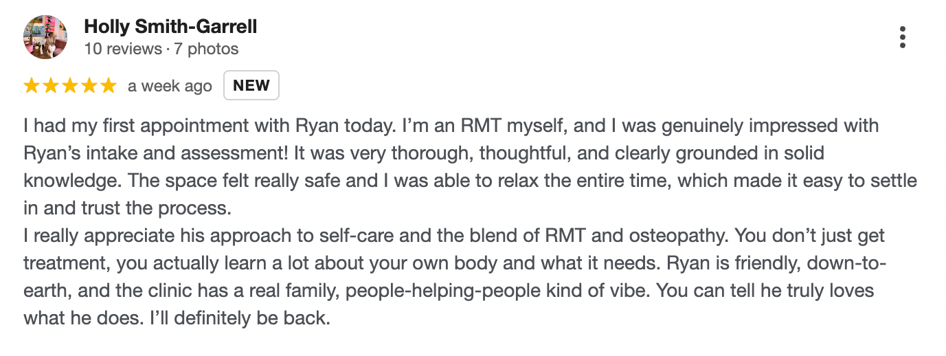 Google review for osteopathic services, with a five-star rating, from Holly Smith-Garrell, praising the thoroughness, knowledge, and compassionate care provided by Ryan.
