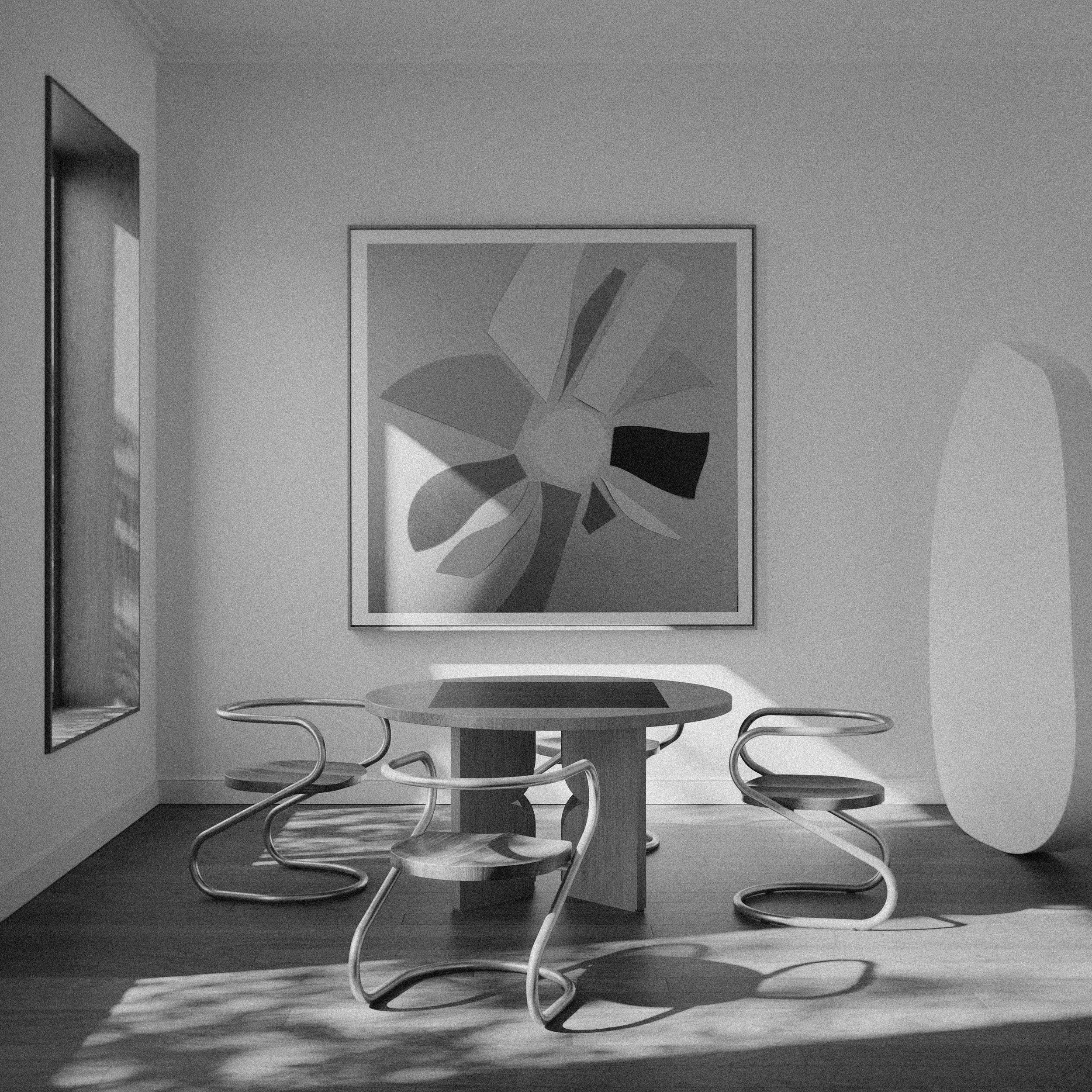 Comedor contemporáneo con mesa redonda de madera de MONSALVO, SILLAS S de estructura metálica y una obra de arte en la pared del artista Milton Monsalvo