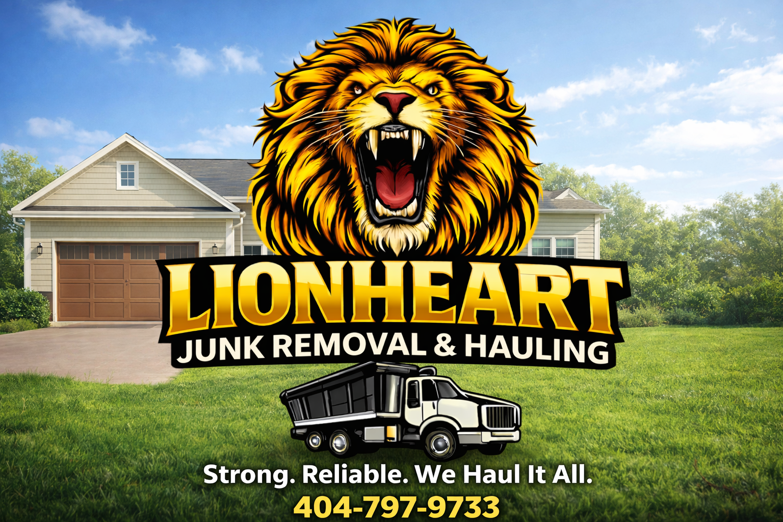 A logo for Lionheart Junk Removal & Hauling featuring a roaring lion's head above the company name, a black and white truck below, and the slogan "Strong. Reliable. We Haul It All." with a phone number 404-797-9733, superimposed over a suburban house with a garage, green lawn, and blue sky.