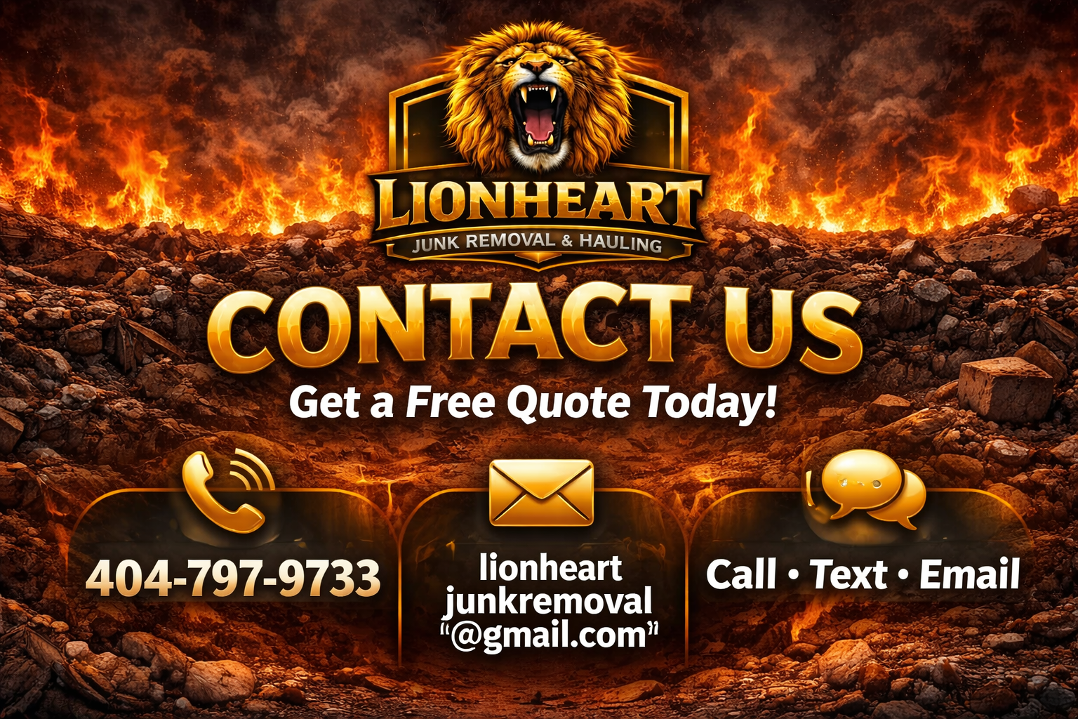 Contact information for Lionheart Junk Removal & Hauling, including a phone number, email, and options to call, text, or email, with a fiery background and a roaring lion logo.