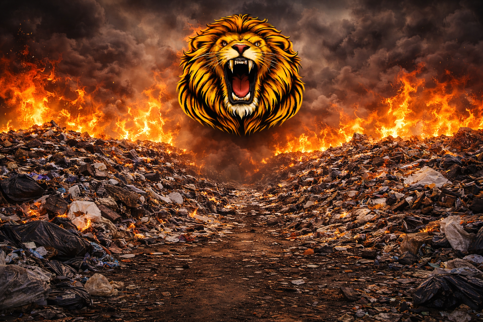 A fiery scene of a landfill with burning trash and a large, roaring lion's head in the sky, surrounded by dark, smoky clouds.