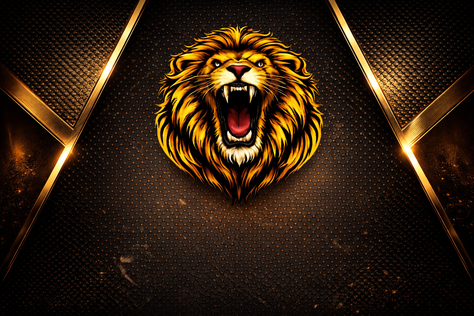 A digital illustration of a roaring lion's head with a detailed, golden mane on a dark background with gold accents and geometric patterns.