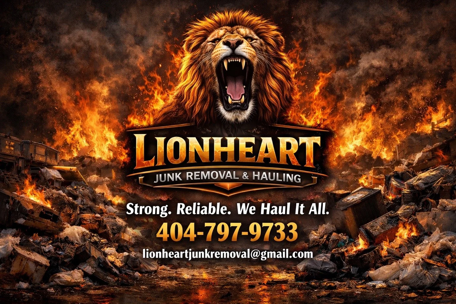 Logo for Lionheart Junk Removal & Hauling with a fierce roaring lion's head above a fiery, burning background of junk and debris. Text includes the company name, slogan 'Strong. Reliable. We Haul It All.', phone number 404-797-9733, and email lionheartjunkremoval@gmail.com.