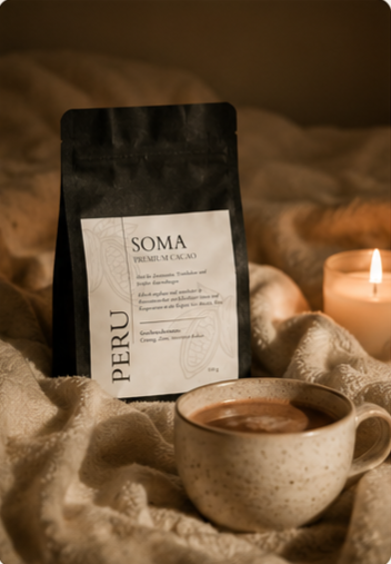 Eine Packung SOMA Premium Cacao Peru arrangiert mit einer Tasse heißem Kakao und einer brennenden Kerze im Hintergrund für ein gemütliches Ritual.