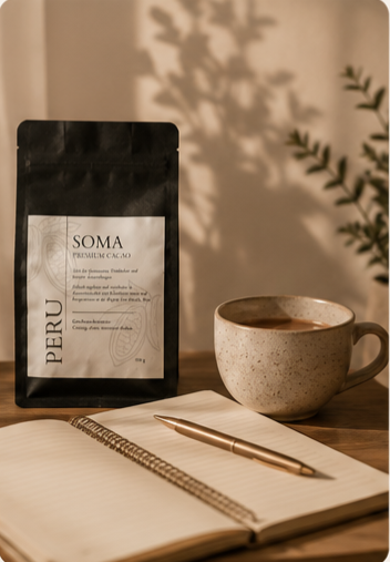 SOMA Premium Kakao aus Peru auf einem Holztisch neben einer Tasse rituellen Kakao und einem geöffneten Notizbuch mit goldenem Stift.