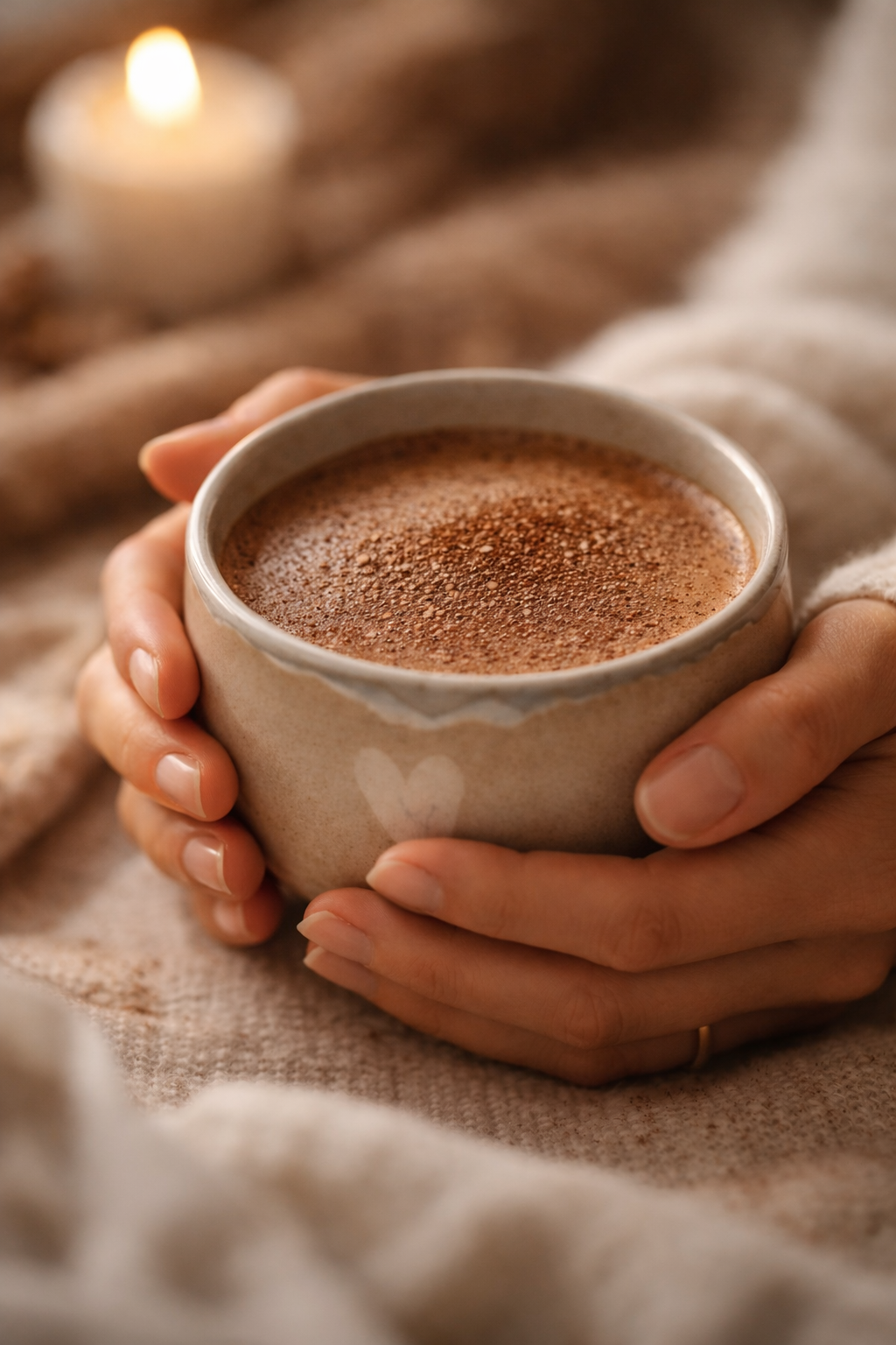 Frau hält eine Tasse zeremonieller Kakao aus Peru in einer handgefertigten Keramiktasse, umgeben von warmem, weichem Stoff und Kerzenlicht.