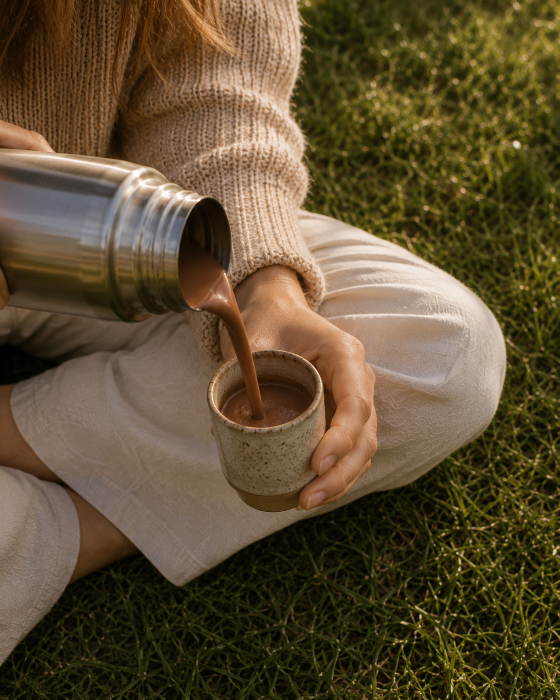 Eine Person sitzt im Schneidersitz auf einer Wiese und gießt heißen zeremoniellen Kakao aus einer Thermosflasche in eine Steinguttasse.
