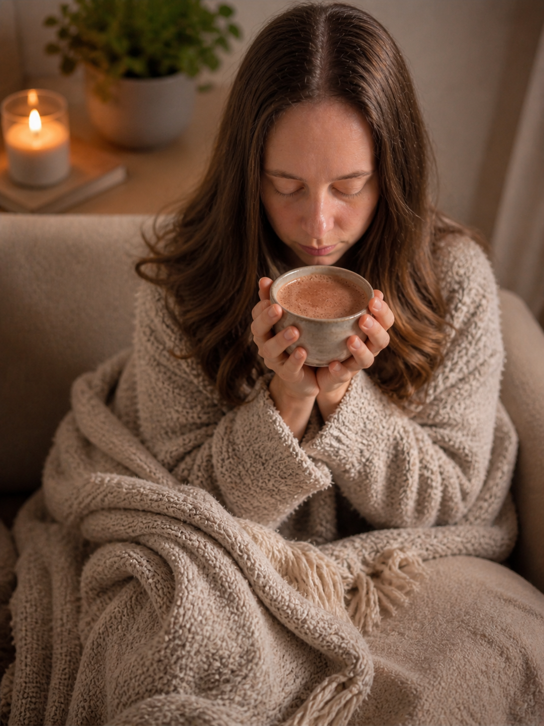 Frau, entspannt, eine Tasse zeremoniellen Kakao während eines achtsamen Rituals, in einem gemütlichen, mit Decken und warmer Kleidung. Im Hintergrund eine Kerze und eine Pflanze.
