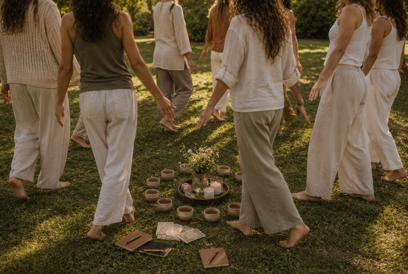 Women's Circle mit zeremoniellem Kakao im Englischen Garten in München. Frauen tanzen barfuß im Kreis um eine Zeremonie mit hochwertigen Kakao, Kerzen, Blumen und Karten im Freien an einem sonnigen Tag.