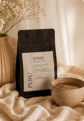 Eine Packung SOMA Premium Cacao Peru steht neben einer frisch zubereiteten Tasse zeremoniellen Kakao auf einer weichen, hellen Wolldecke.