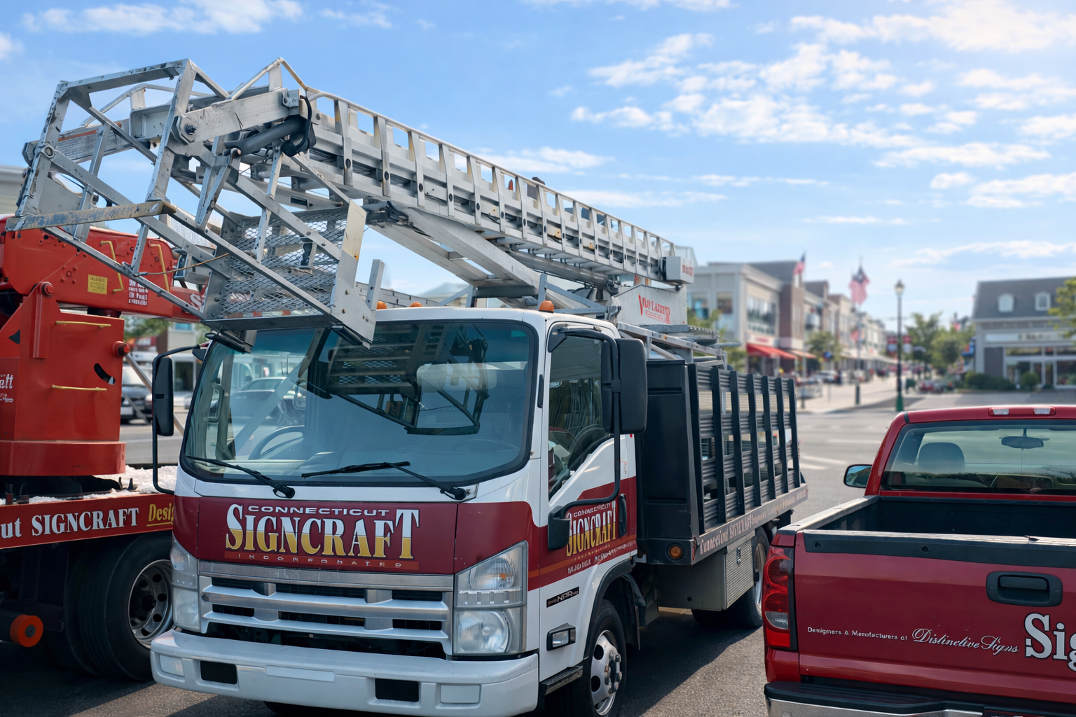 Street scene with a white utility truck equipped with a ladder, parked between a red pickup truck and another red vehicle, in a small town with shops and American flags visible.