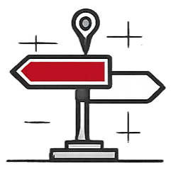 A directional signpost with a red left arrow and a white right arrow, mounted on a pole with a map icon on top.