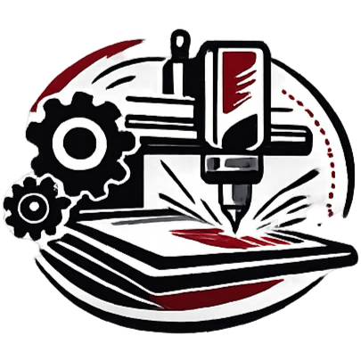 A stylized illustration of a laser cutter or engraver in action, with gears representing mechanics, a laser beam cutting through material, and sparks flying around.