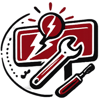 A warning sign with a lightning bolt, wrench, and screwdriver, indicating a repair or electrical issue.