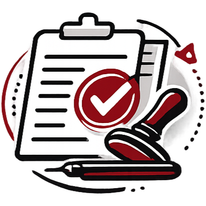 Clipboard with a checkmark stamp and a gavel.