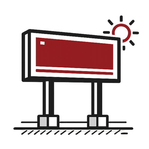 Digital billboard displaying a red screen with white border and rectangles, mounted on two gray poles, with a sun symbol in the background.