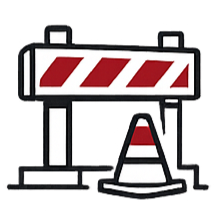 A construction barrier with red and white striped pattern and an orange and white traffic cone