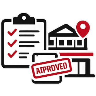 Checklist with red check marks, a house with a location pin, and a mobile device displaying an "Approved" stamp.