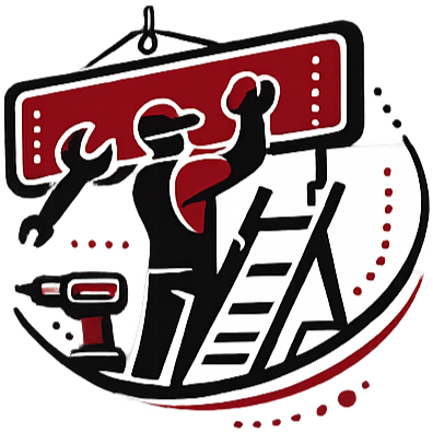 Logo of a handyman or repair service with a figure on a ladder holding a tool, hanging a sign that reads 'TEX'.