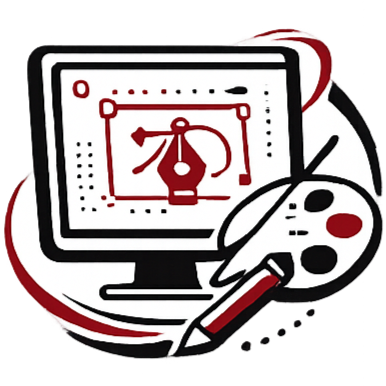 Graphic of a computer screen displaying a graphic design tool with a pen tool selected, accompanied by an artist's palette with brushes.