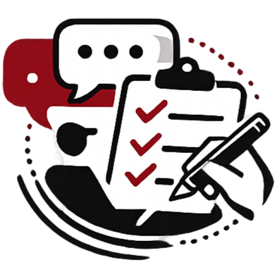 Icons of a speech bubble, a checklist with checkmarks, a pen, and a person, indicating communication and task completion.