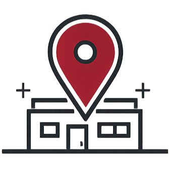 A map pin icon above a building outline, indicating a location or place.