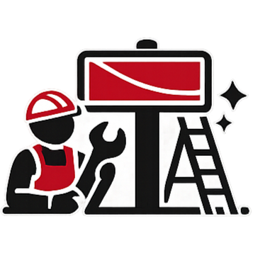 A graphic illustration of a worker wearing a helmet and apron holding a wrench, positioned near a billboard with a ladder and sparkling effects.