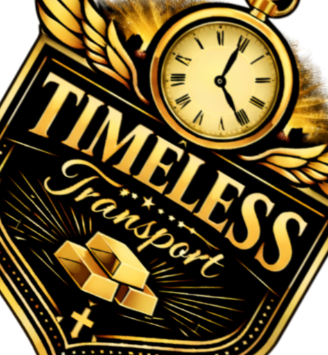 A logo for Timeless Transport featuring a gold clock, wings, and gold boxes.