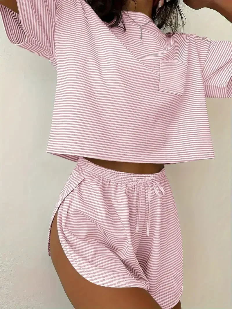 Lounge Pajama Set Tee Top Drawstring Shorts