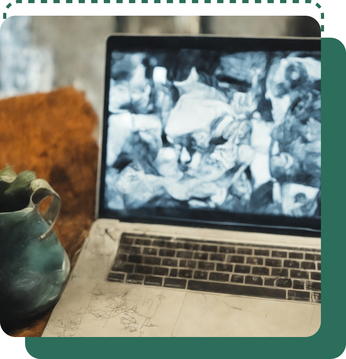 Virtual therapy session setup with a laptop displaying abstract art and a calming ceramic vase, representing online mental health services at Stress and Anxiety therapy center.