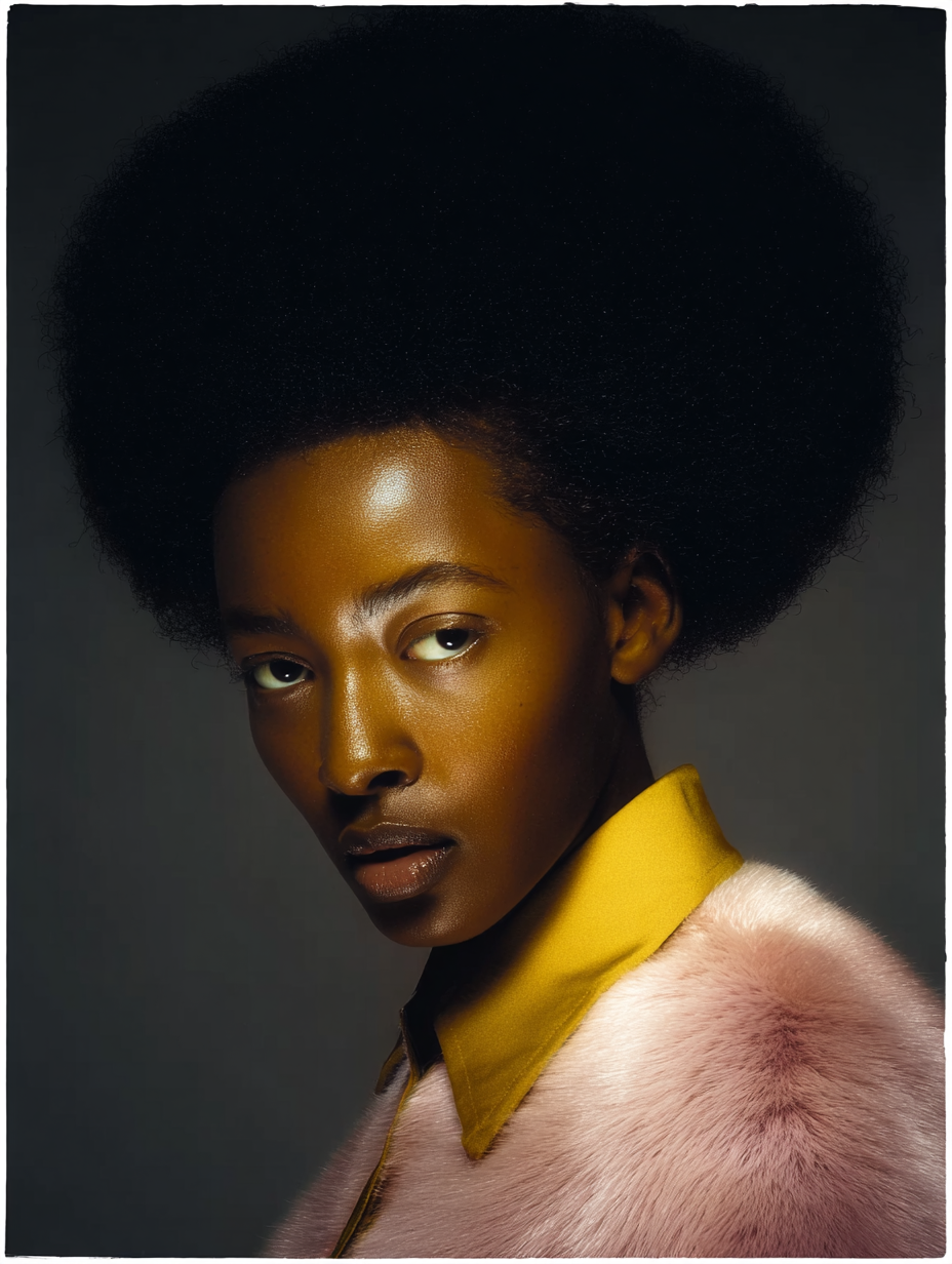 A close-up portrait of a Black woman with a large afro hairstyle, wearing a yellow collar shirt and a pink fuzzy coat, against a dark background.