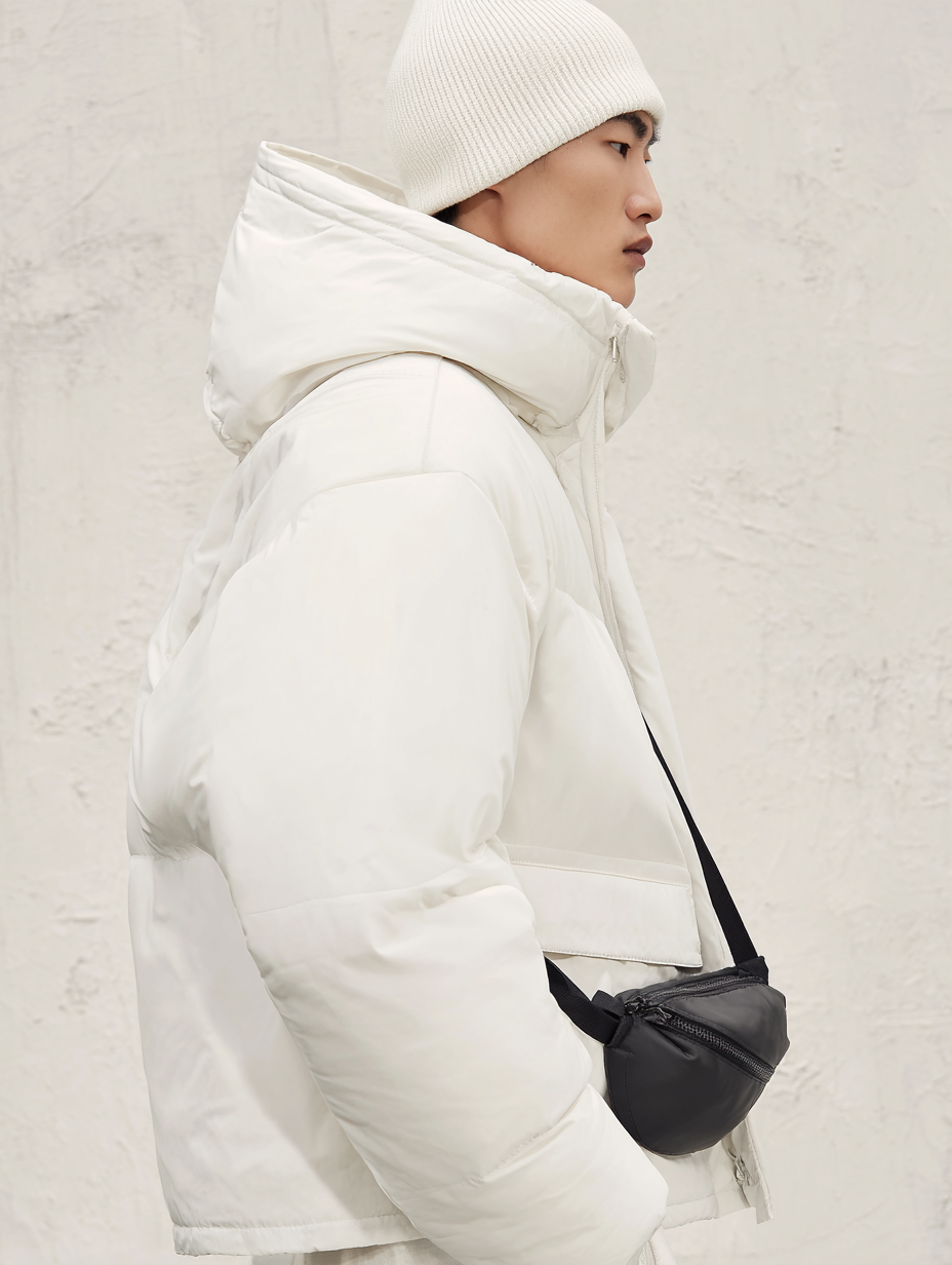 Profile of a young man wearing a white knit hat, a white puffer jacket, and carrying a small black crossbody bag, standing against a light textured background.