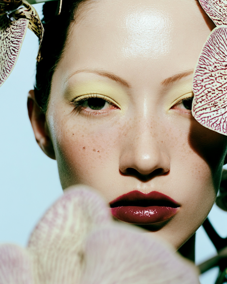 Close-up of a woman with yellow eyeshadow, dark lipstick, freckles, and floral elements in her hair.