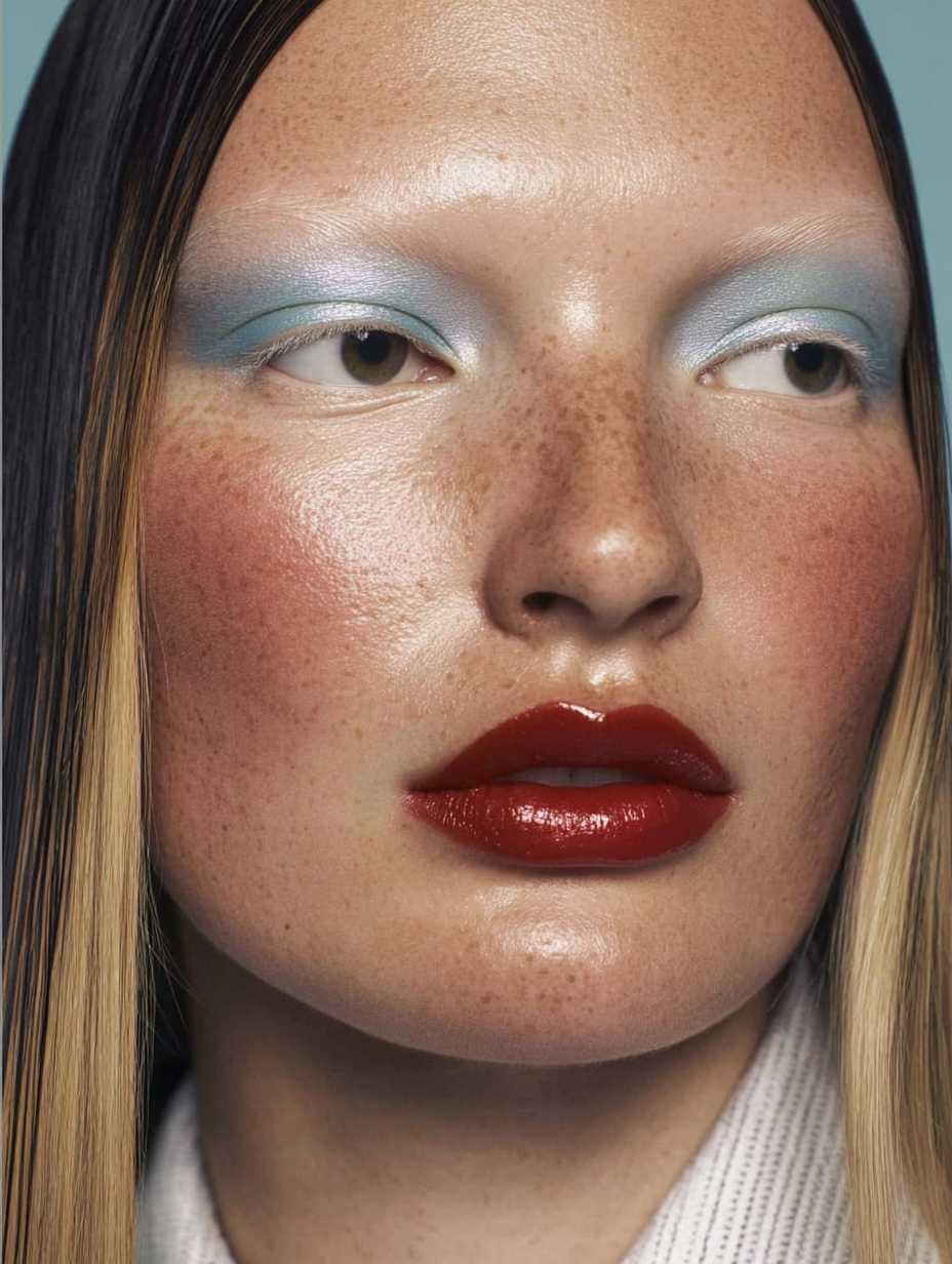 Close-up portrait of a woman with long blonde hair, freckles, bold red lipstick, and eye makeup with light blue eyeshadow.
