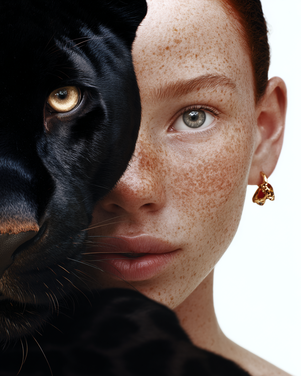 Close-up of a woman with red hair and freckles, wearing gold earrings, holding a black panther close to her face, both looking directly at the camera. created by idk agency