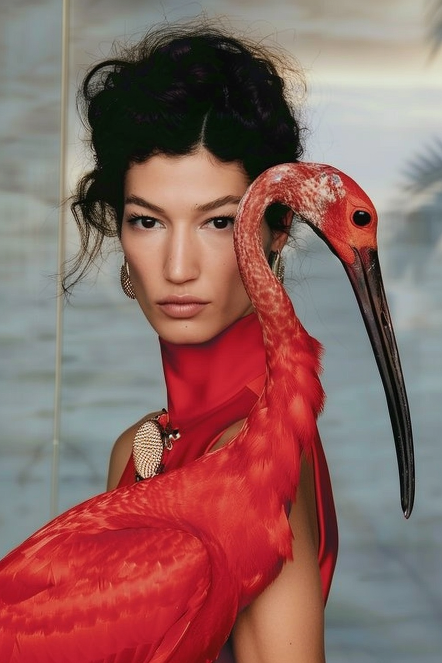 A woman with dark curly hair, wearing a red outfit with a high collar, holding a large red flamingo close to her face.