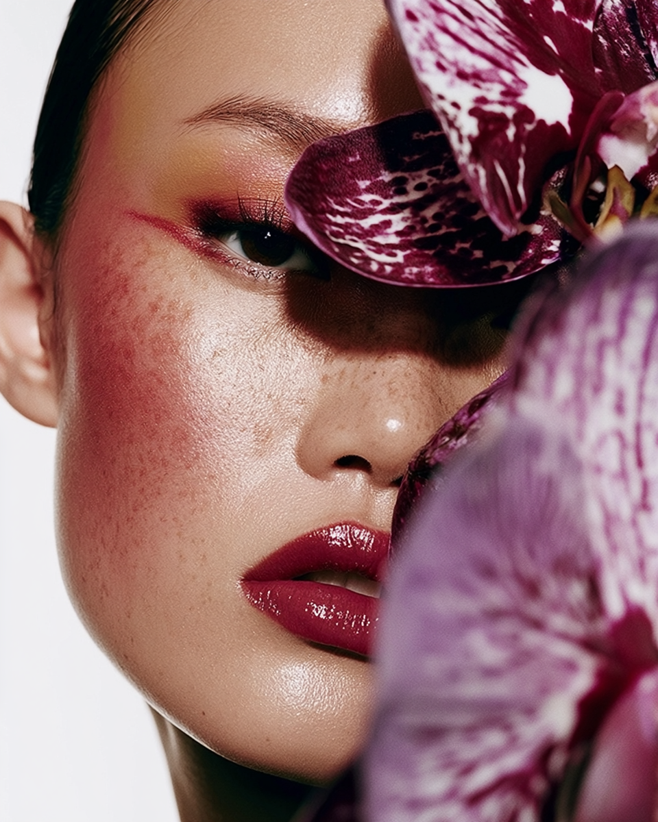 Close-up of a woman's face with makeup, partially covered by purple orchids.