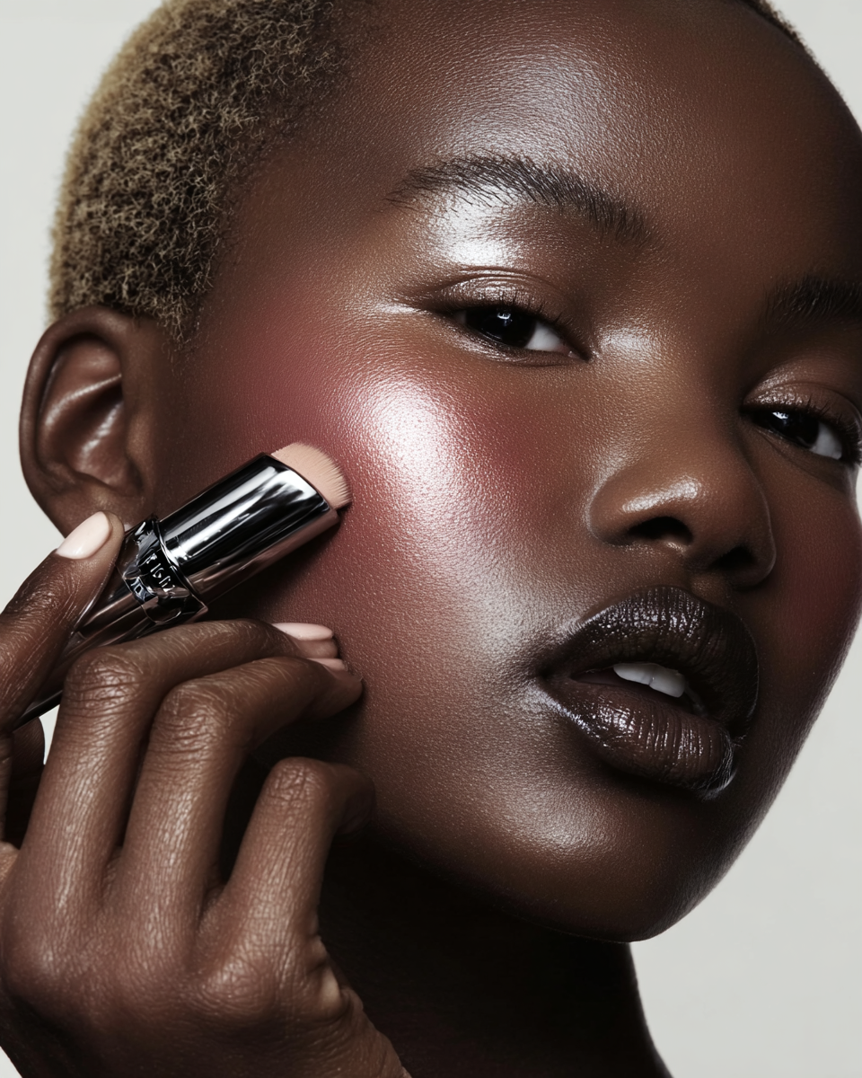 A woman with short blonde hair and dark skin applying makeup with a brush to her cheek, showcasing glowing skin, dark lipstick, and subtle eye makeup. IDK Agency