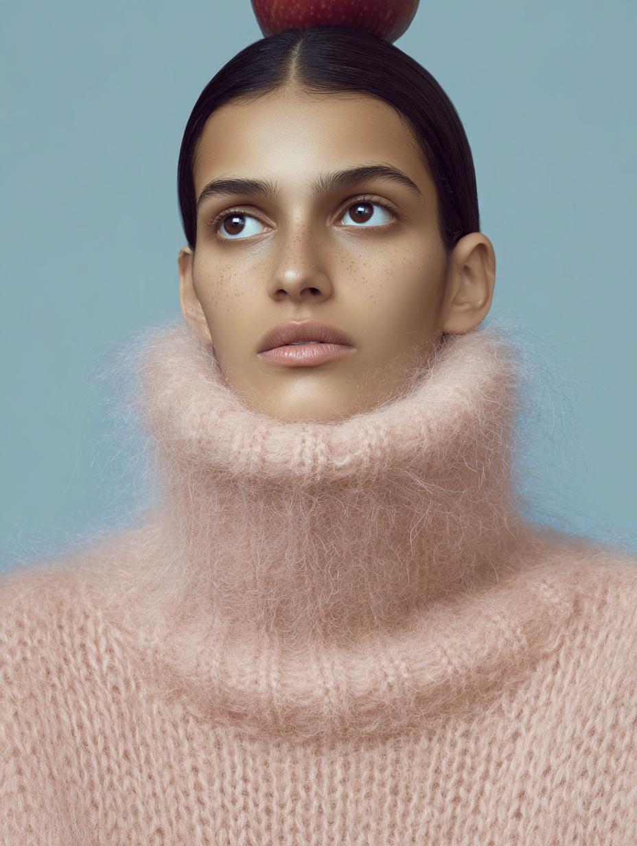 A woman with dark hair wearing a pink fuzzy sweater and matching fuzzy neck warmer, with an apple balanced on her head, against a simple light blue background.