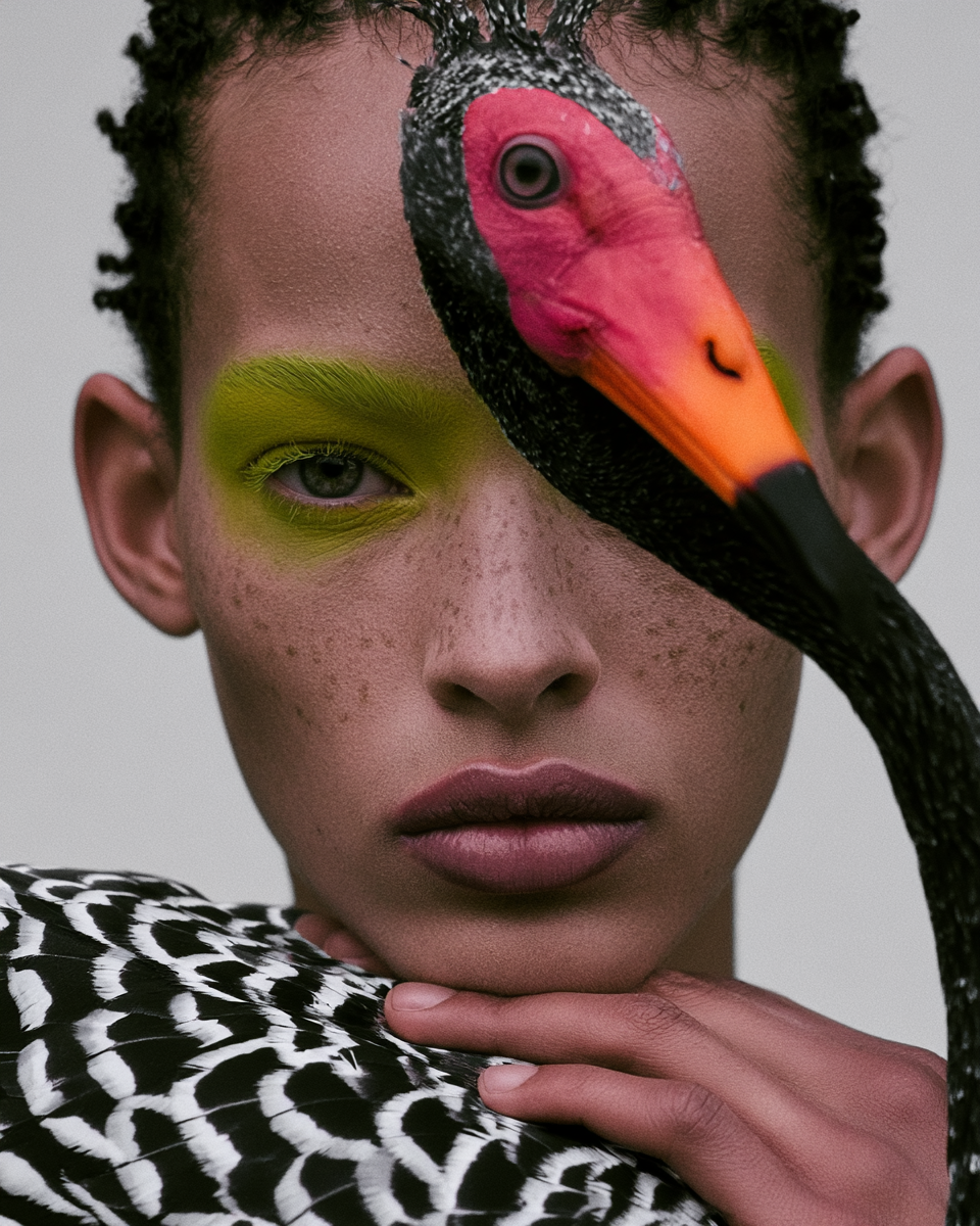 A woman with short curly hair, green eye makeup, and freckles, holding a black and white feathered bird with a pink and orange beak close to her face.IDK Agency