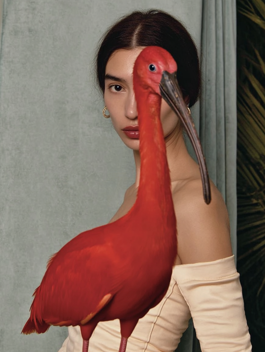 A woman with dark hair and gold hoop earrings poses behind a red scarlet ibis, partially obscuring her face.