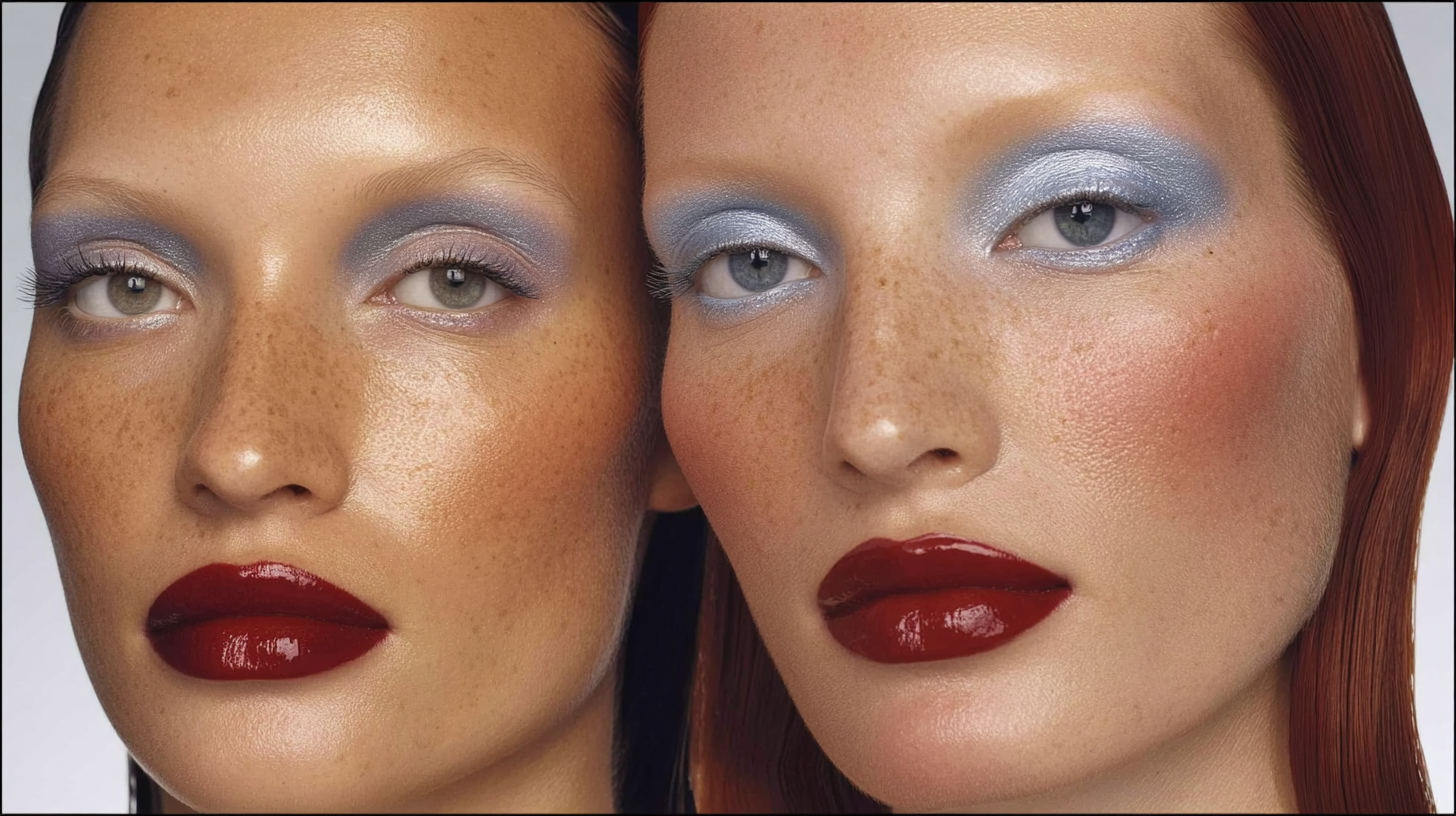 Two women with makeup featuring blue eyeshadow and red lipstick, close-up portrait.