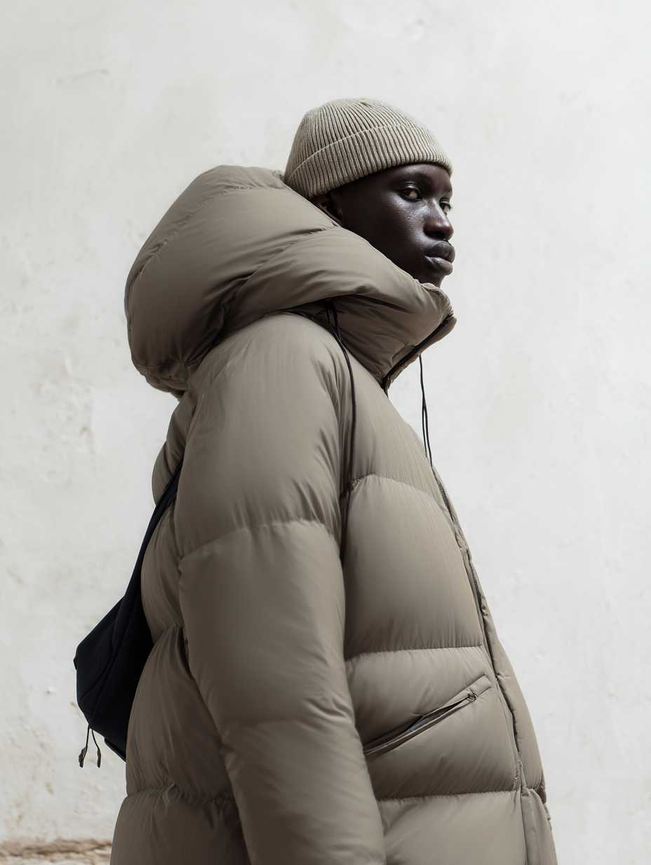 A person wearing a beige knit beanie and a puffy beige winter jacket with a zipper pocket, standing against a plain, off-white wall.