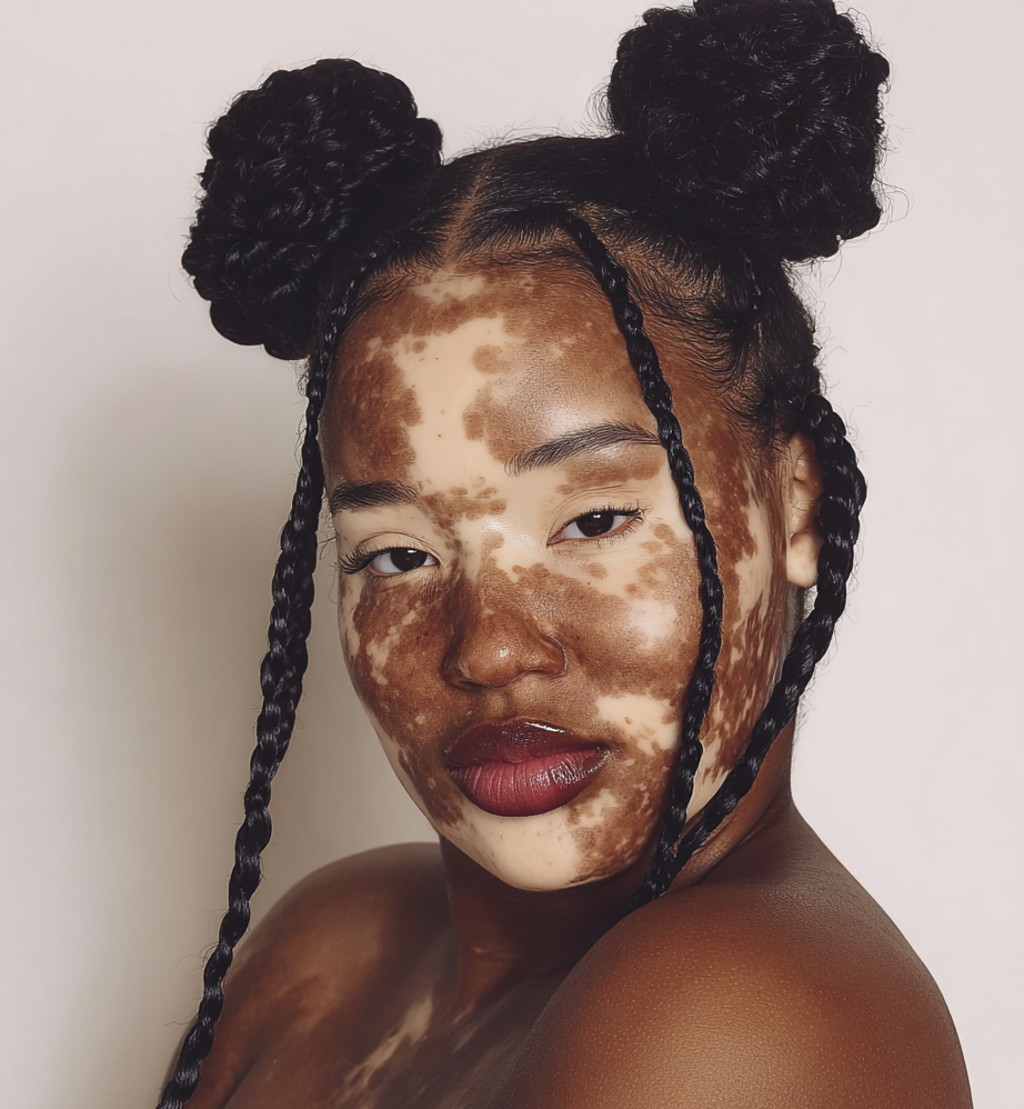 A woman with dark skin, freckles, and braided hair styled in two buns, looking directly at the camera against a plain background.