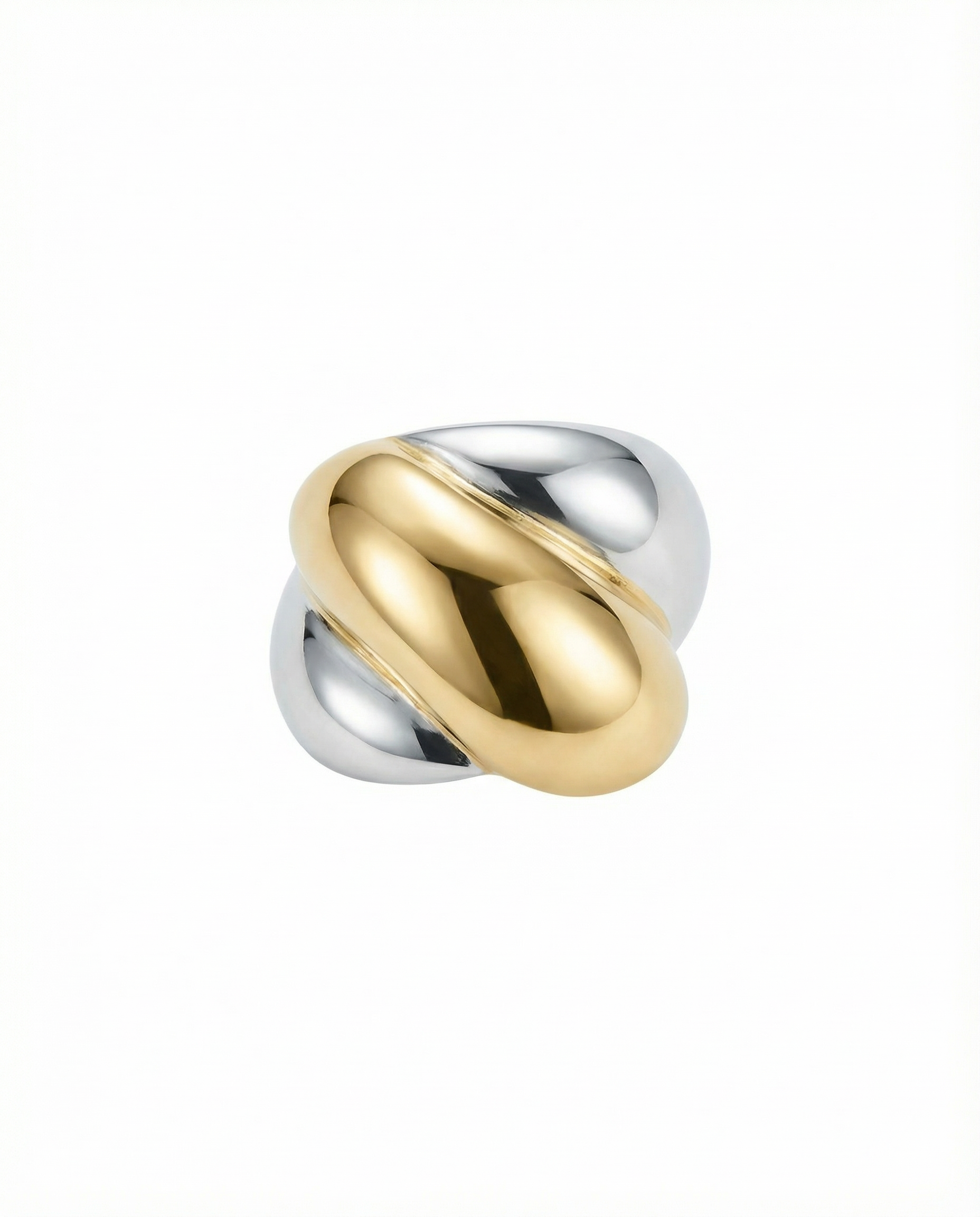 A close-up of a gold and silver twisted ring against a plain white background.