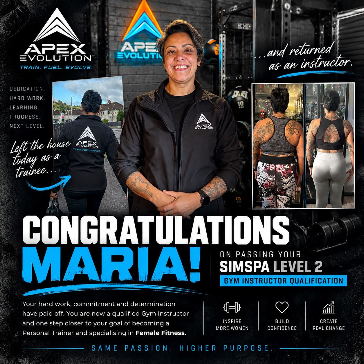 A massive congratulations to Maria on qualifying as a Gym Instructor today. 
You are Evolving fantastically towards your destination of becoming a Personal Trainer and a Specialist in Female Fitness.
At 49 years, Maria has proven it&rsquo;s never too