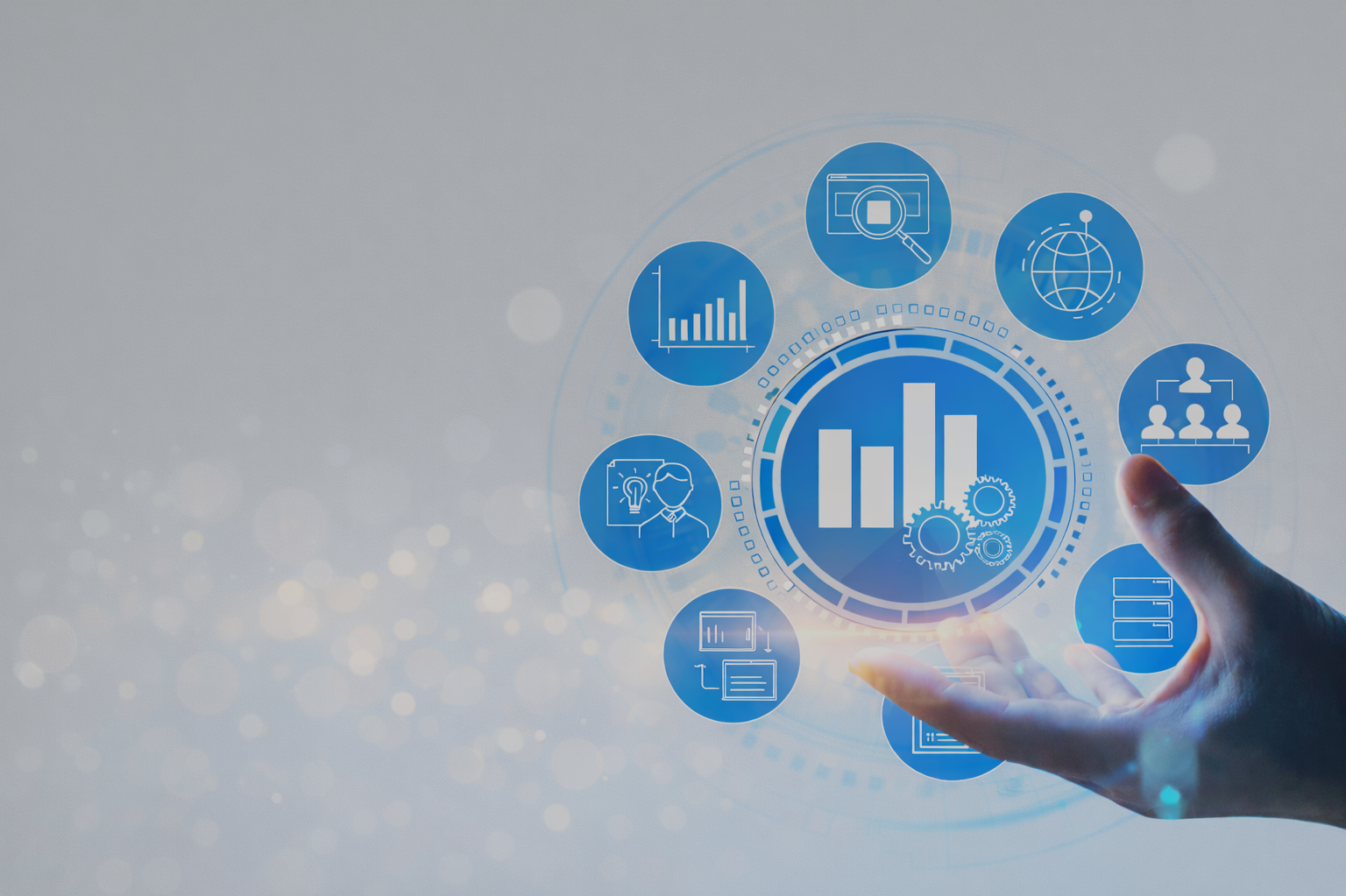 A person's hand interacts with a futuristic digital interface featuring various icons representing data analysis, research, graphs, and networking.