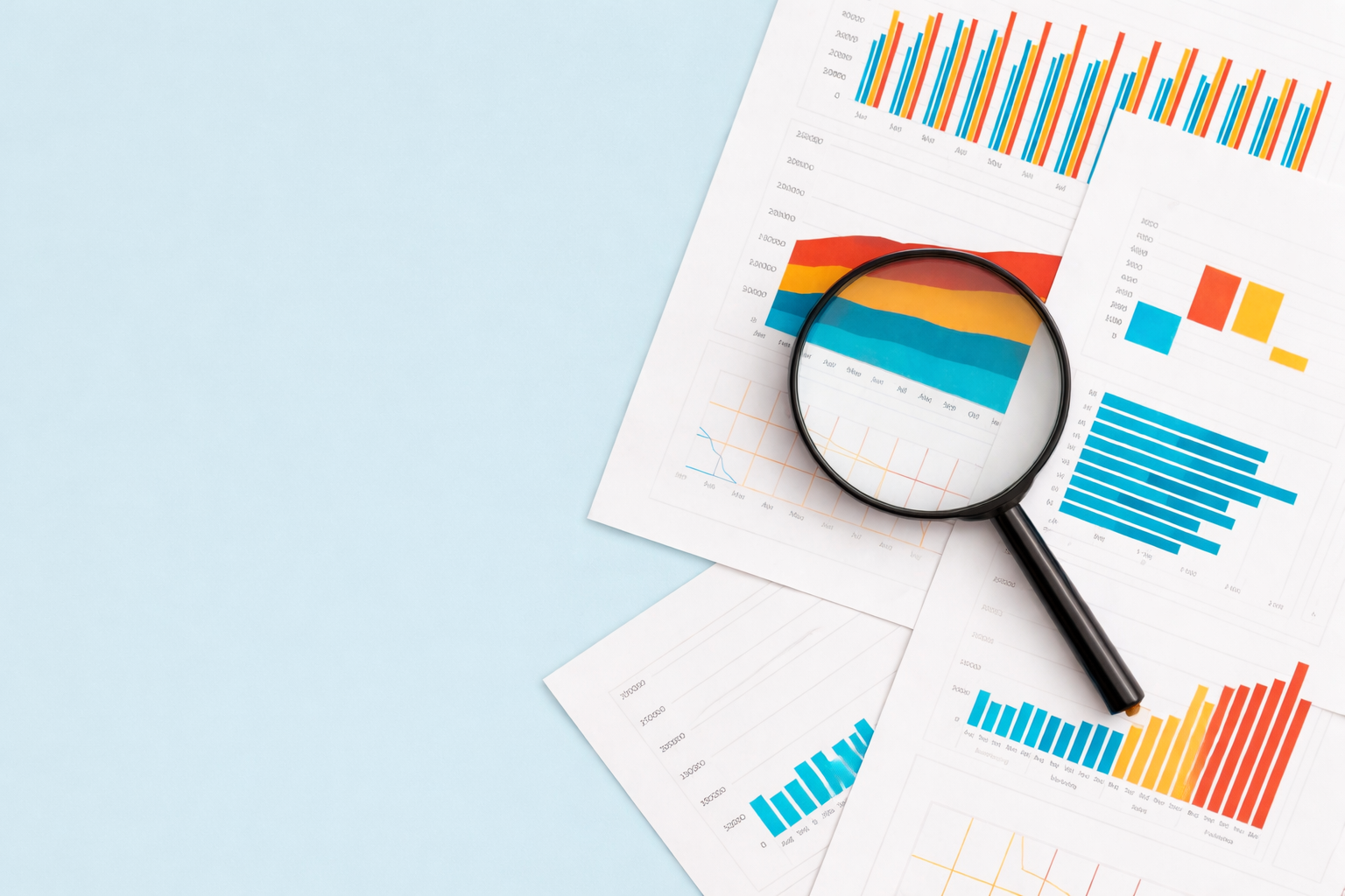 A magnifying glass placed on top of several sheets of paper with colorful charts and graphs, including bar graphs, line graphs, and area charts, on a light blue surface.