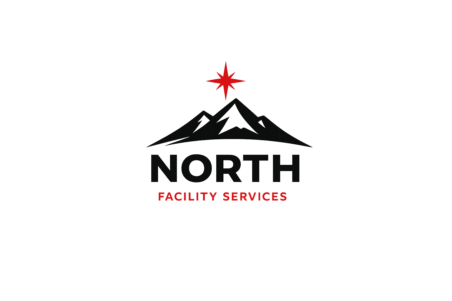 A dark logo featuring a mountain with a red star above it, with the words 'NORTH' and 'FACILITY SERVICES' beneath in red, on a foggy background.