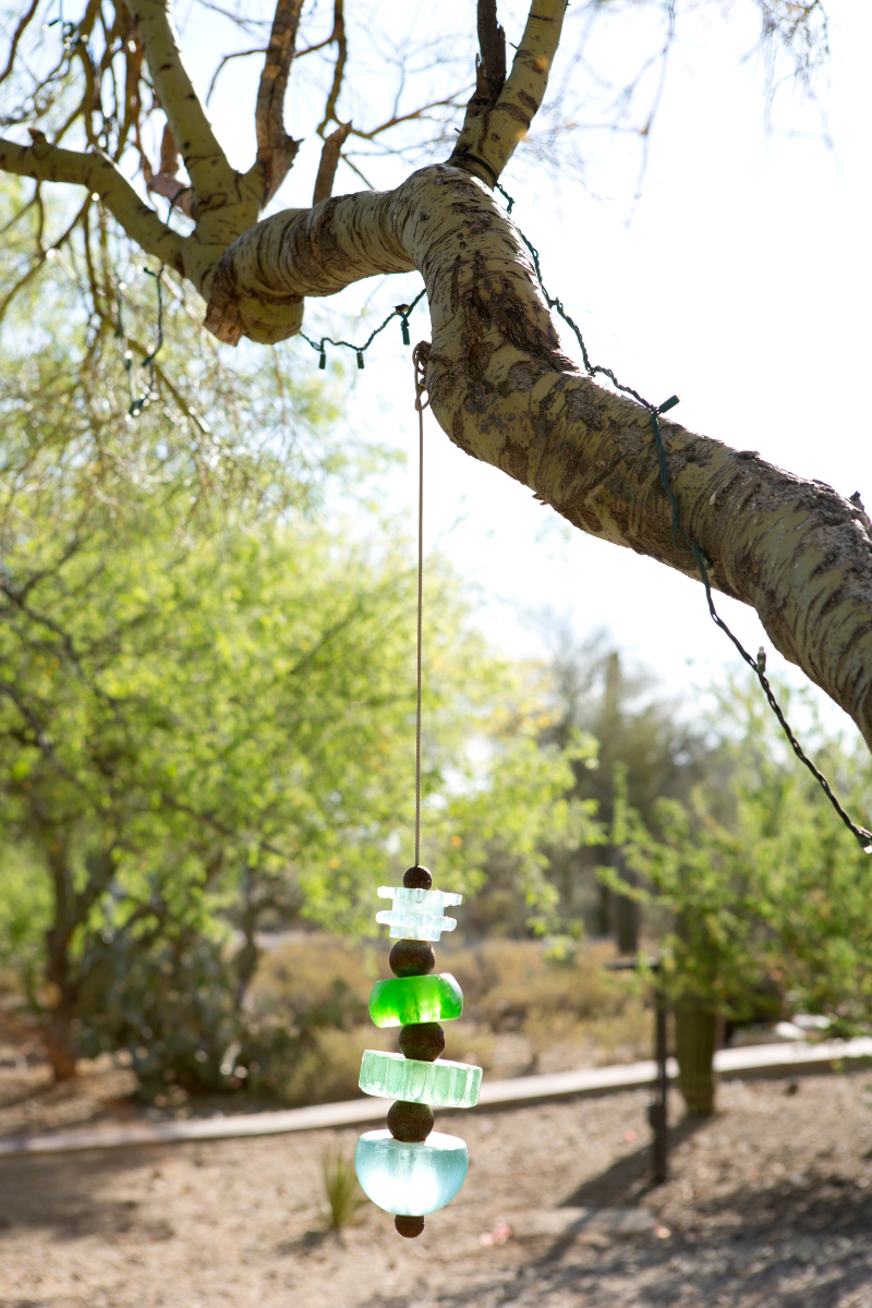 A glass sun catcher hanging from the branch of a mesquite tree